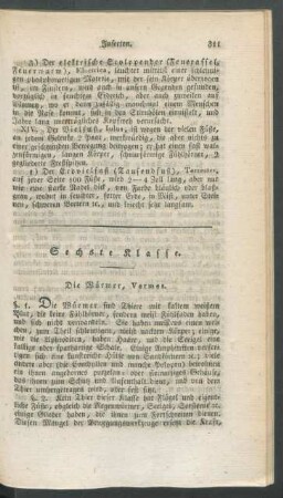 Sechste Klasse. Die Würmer, Vermes.