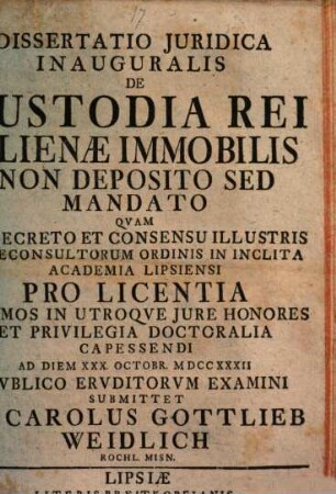 Diss. iur. inaug. de custodia rei alienae immobilis non deposito, sed mandato