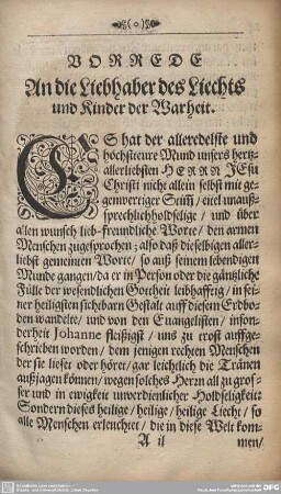 VORREDE An die Liebhaber des Liechts und Kinder der Warheit.