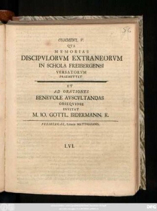 5: Commentatio ... Qva Memorias Discipvlorvm Extraneorvm In Schola Freibergensi Versatorvm Praemittit ...