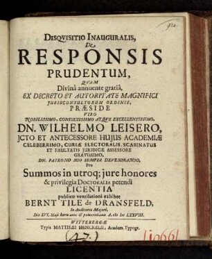 Disqvisitio Inauguralis, De Responsis Prudentum