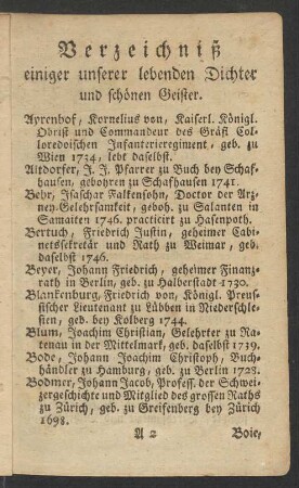 Verzeichniß einiger unserer lebenden Dichter und schönen Geister