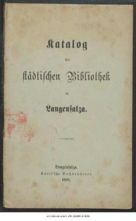 Katalog der städtischen Bibliothek in Langensalza