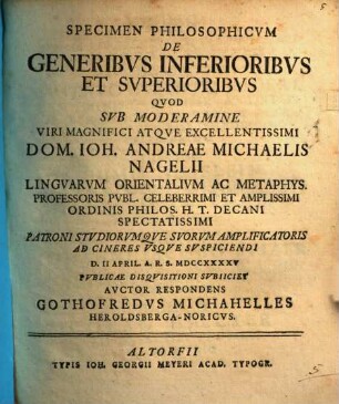 Specimen Philosophicvm De Generibvs Inferioribvs Et Svperioribvs
