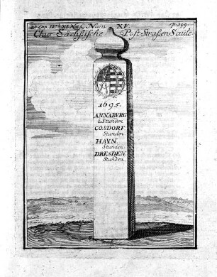 Chursächsische Poststraßensäule : Chursächsische Poststraßensäule. Kupferstich; 20,1 x 16,6 cm (Blattgröße). P. 199 aus: Schramm, Carl Christian: Saxonia Monumentis Viarum Illustrata Hoc est De Statuis Mercurialibus Columnis Brachiatis Ac Milliaribus ... Vitembergae: Ludovicus, 1726. Dresden: SLUB Hist.Sax.M.251