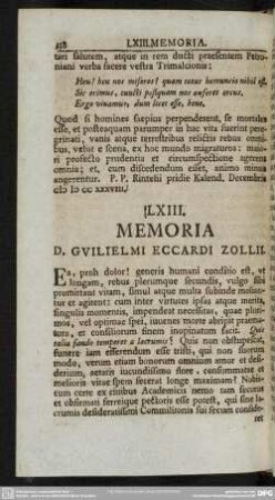 LXIII. Memoria D. Guilielmi Eccardi Zollii