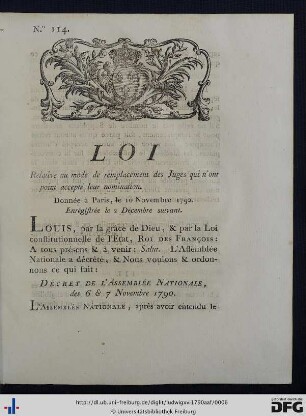 Loi, Relative au mode remplacement des Juges qui n'ont point accepté leur nomination.
