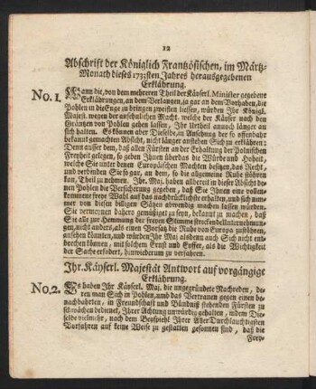 No. 2. Ihr. Käyserl. Majestät Antwort auf vorgängige Erklährung.