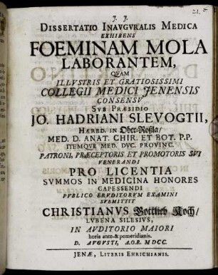Dissertatio Inauguralis Medica Exhibens Foeminam Mola Laborantem