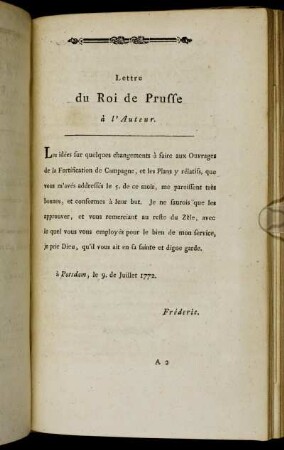 Lettre du Roi de Prusse à l'Auteur.