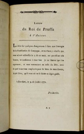 Lettre du Roi de Prusse à l'Auteur.