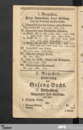 I. Register. Kurze Anweisung derer Gesänge nach der Ordnung des Catechismi.