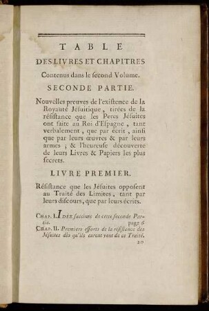 Table des Livres et Chapitres Contenus dans le second Volume. Seconde Partie.
