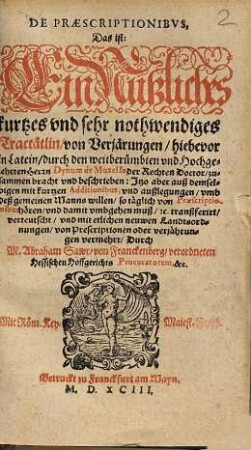 De Praescriptionibvs, Das ist: Ein Nutzliches kurtzes vnd sehr nothwendiges Tractätlin, von Verjärungen