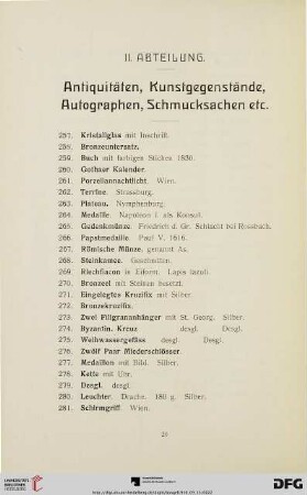 Antiquitäten, Kunstgegenstände, Autographen, Schmucksachen etc. (Nr. 257-918)