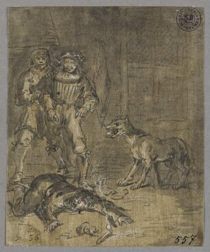 Wirt fällt vor dem toten Wolf auf die Nase, aus: "Geschichte des Till Eulenspiegel"