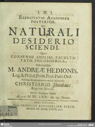 2: Exercitatio Academica Posterior De Naturali Desiderio Sciendi