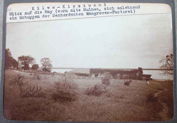 Kilwa-Kissiwani. Vue sur la baie (devant, d'anciennes ruines, adossé à un hangar de l'usine de mangrove de Denhard)