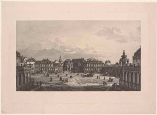 Der Zwinger in Dresden, Blick auf den Glockenspielpavillon und die umliegenden Partien nach Südosten, nach dem Gemälde von Canaletto von ca. 1752