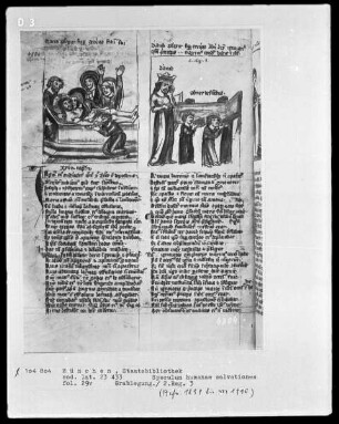 Speculum humanae salvationes — Textseite mit zwei Miniaturen, Folio 29verso