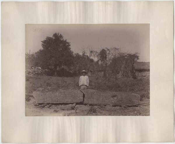 Broken stele 7, south side. Young local man standing behind stele. Copán village in the background.