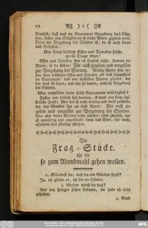 Die Frag-Stücke. für die so zum Abendmahl gehen wollen.