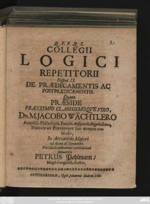 Collegii Logici Repetitorii Disput. II. De Praedicamentis Ac Postpraedicamentis