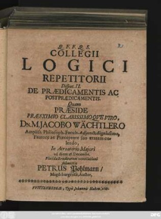 Collegii Logici Repetitorii Disput. II. De Praedicamentis Ac Postpraedicamentis