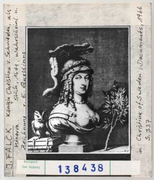 Jeremias Falck: Königin Christina von Schweden als Minerva, Stich wohl nach Zeichnung v. E. Quellinus