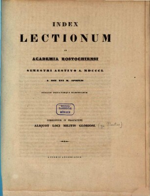 Index lectionum in Academia Rostochiensi ... publice privatimque habendarum. SS 1850