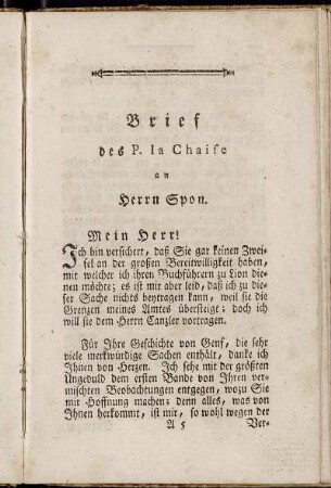 Brief des P. la Chaise an Herrn Spon.