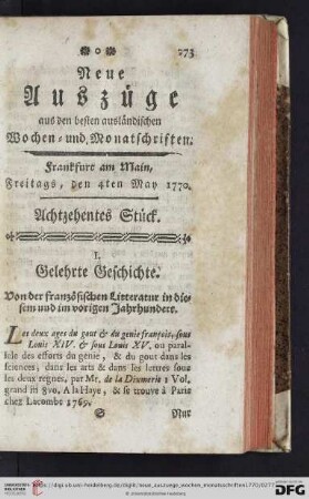 (Achzehntes Stück. Freitags, den 4ten May 177 - Ein und Zwanzigstes Stück. Freitags, den 25ten May 1770)