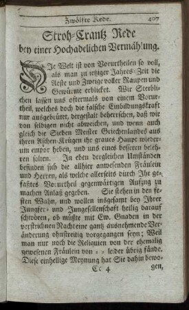 Stroh-Crantz Rede bey einer Hochadelischen Vermählung.