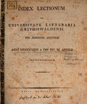 Index lectionum in Universitate Litteraria Gryphiswaldensi : per semestre, SS 1823