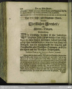 Der XIX. Lehr- und Glaubens-Punct. Von der Chrictlichen Freyheit und Mittel-Dingen