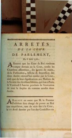 Arrest De La Cour De Parlement : Du 6 Août 1761.