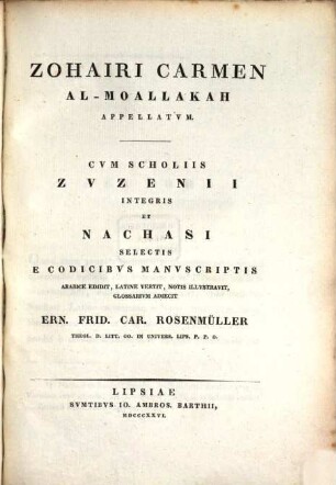 Analecta Arabica, 2. Zohairi carmen al-Moallakah appellatum