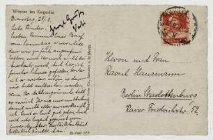 Ansichtspostkarte von Anna Mankiewitz an [an Raoul Hausmann und Hedwig Hausmann]. St. Moritz