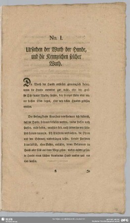No. I. Ursachen der Wuth der Hunde, und die Kennzeichen solcher Wuth