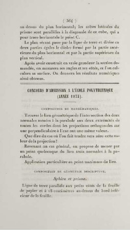 Concours d'admission a l'école polytechnique (Année 1873).