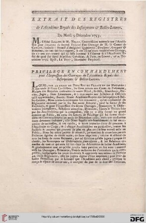 Extrait des registres de l'Académie Royale des Inscriptions & Belles-Lettres
