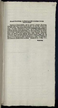 Poenal-Verordnung, der Debit des Caffee in hiesigem Herzogthum betreffend : Zweybrücken den 17 Sept. 1771.
