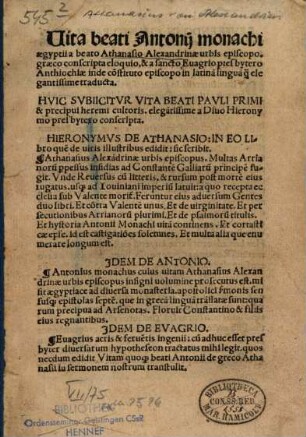 Vita beati Antonij monachi aegyptii