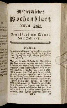 XXVII. Stück. Frankfurt am Mayn, den 1 Julii 1780. - XXXI. Stück. Frankfurt am Mayn, den 29 Julii 1780.