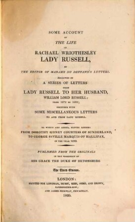 Some account of the life of Rachael Wriothesley Lady Russell
