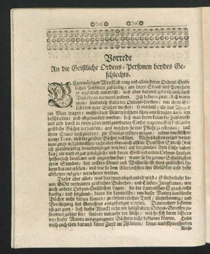 Vorrede An die Geistliche Ordens-Personen beydes Geschlechts.