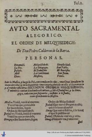 El orden de Melquisedech: Autos sacramentales, alégoricos y historiales de Pedro Calderón de la Barca