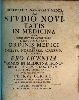 Dissertatio inauguralis medica de studio novitatis in medicina