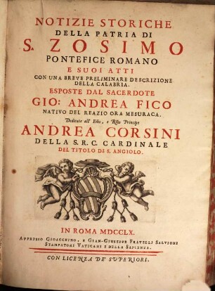 Notizie storiche della patria di S. Zosimo Pontefice romano, e suoi atti : con una breve preliminare descrizione della Calabria