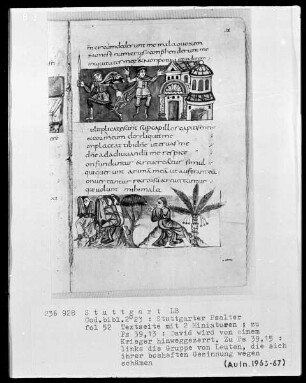 Der Stuttgarter Bibelpsalter — Textseite mit zwei Miniaturen, Folio 52recto